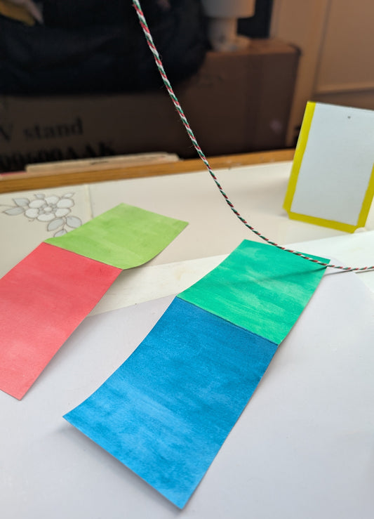 ECO Original: OOAK - Handmade Gift Tag Set / 4 Pack : Bright Watercolors : 30% Recycled Paper : Candy Cane - Style Twine